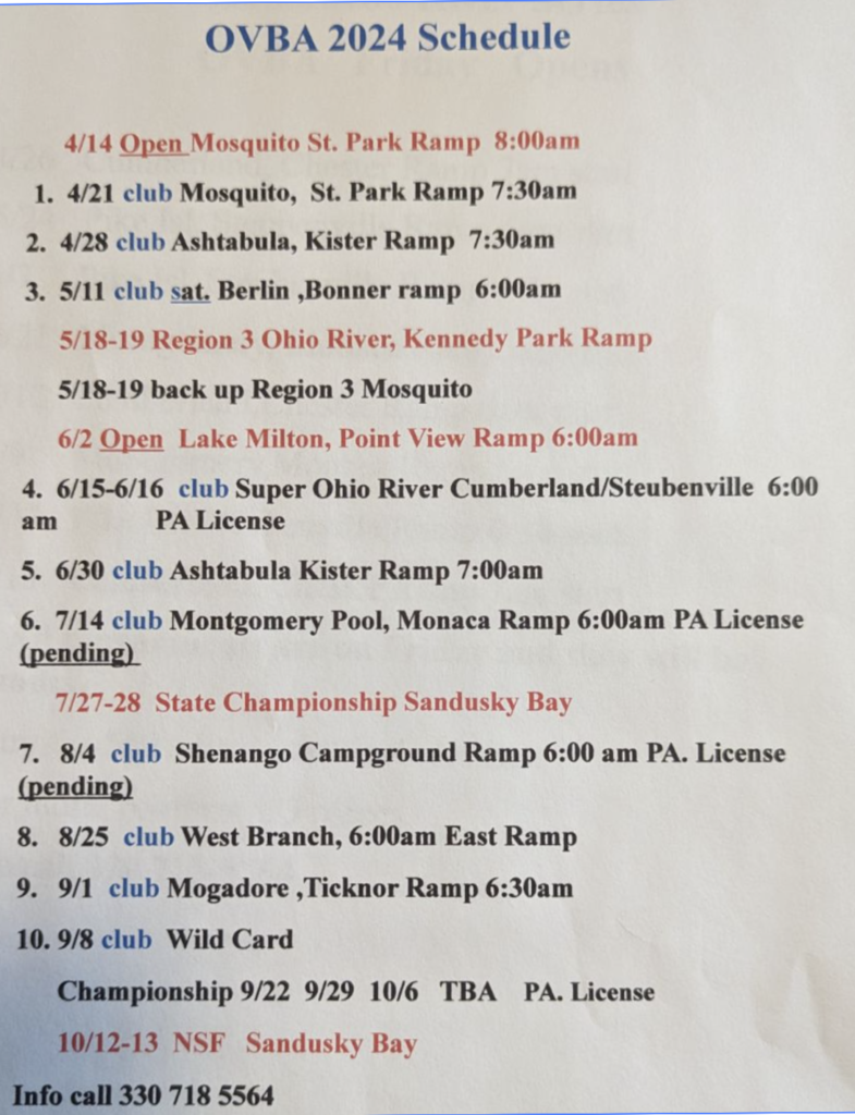 2024 OVBA Tournament Schedule Ohio Valley Bass Anglers